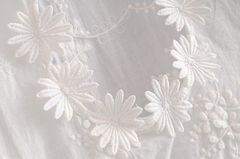 Embroidered Daisy Design Back Hollow Bubble Sleeve Stand Collar Shirt  