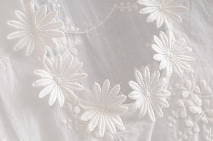 Embroidered Daisy Design Back Hollow Bubble Sleeve Stand Collar Shirt  