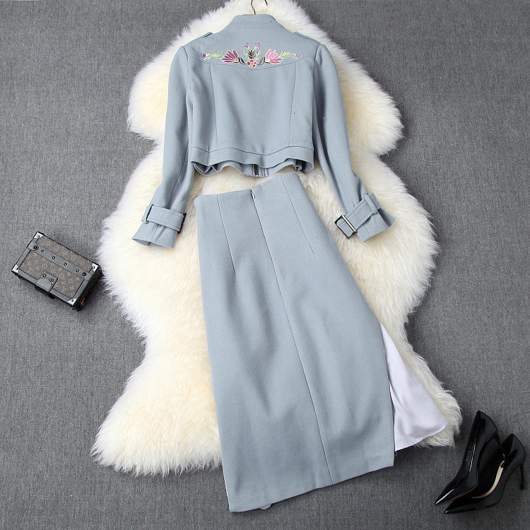 Phoenix Embroidery Splicing Coat Jacket Skirt Two-piece Set