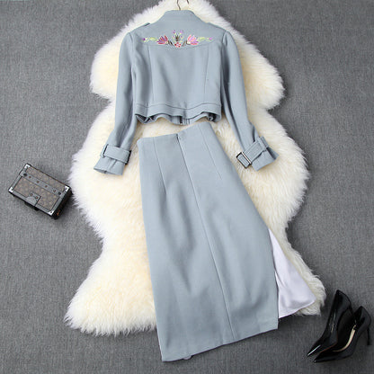 Phoenix Embroidery Splicing Coat Jacket Skirt Two-piece Set