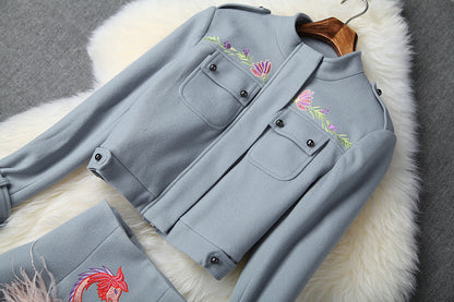Phoenix Embroidery Splicing Coat Jacket Skirt Two-piece Set