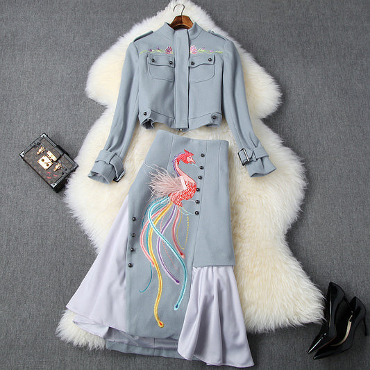 Phoenix Embroidery Splicing Coat Jacket Skirt Two-piece Set