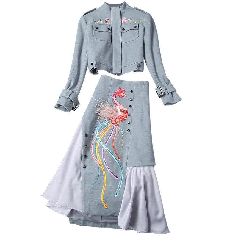 Phoenix Embroidery Splicing Coat Jacket Skirt Two-piece Set