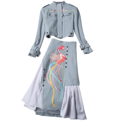 Phoenix Embroidery Splicing Coat Jacket Skirt Two-piece Set