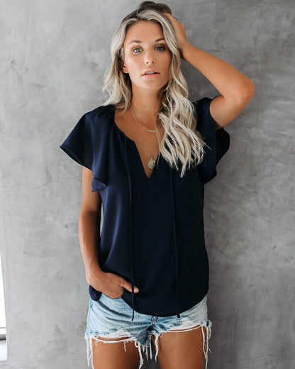Ruffled Sleeves Lace-up V-neck Blouses T-shirt