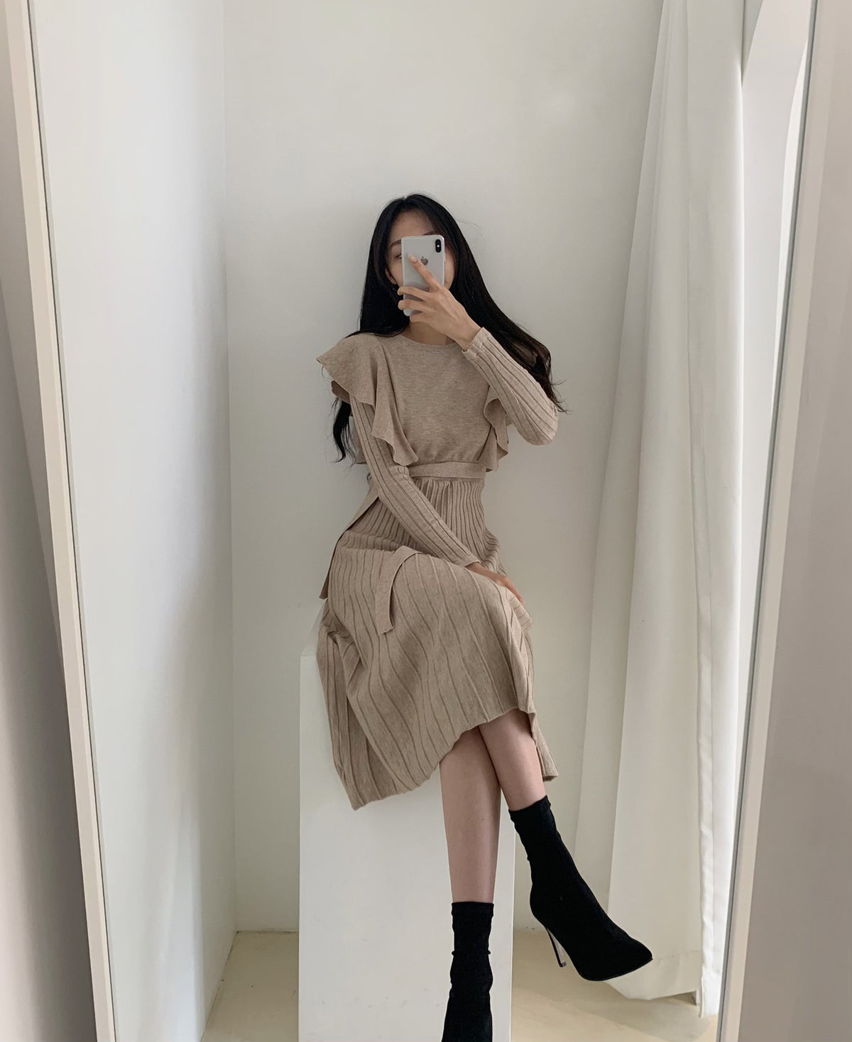 Lace-up Ruffled Flounces Splicing Knit Sweater Midi Dress