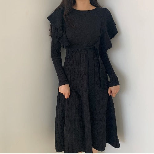 Lace-up Ruffled Flounces Splicing Knit Sweater Midi Dress