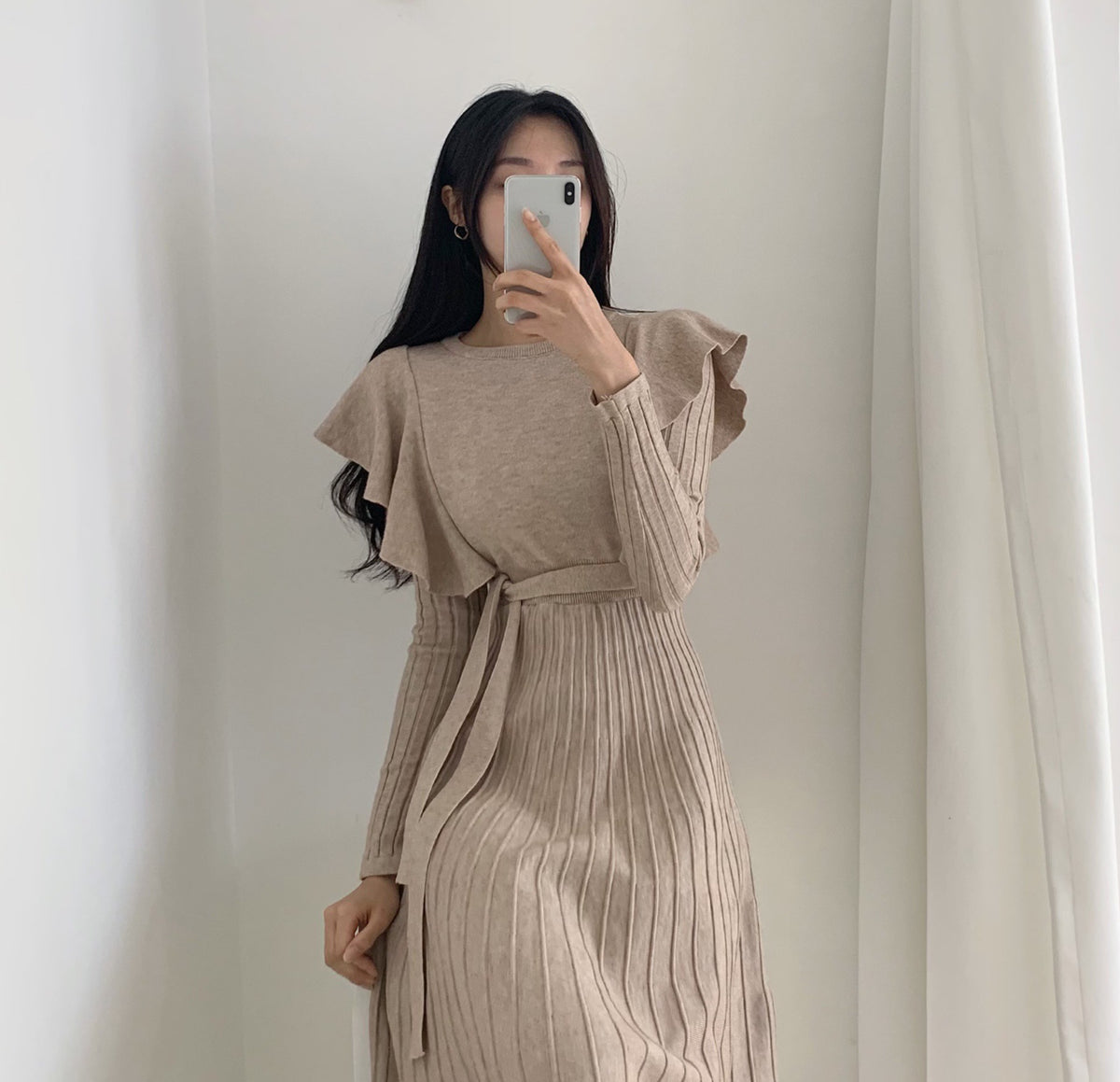 Lace-up Ruffled Flounces Splicing Knit Sweater Midi Dress