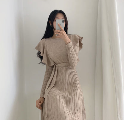 Lace-up Ruffled Flounces Splicing Knit Sweater Midi Dress