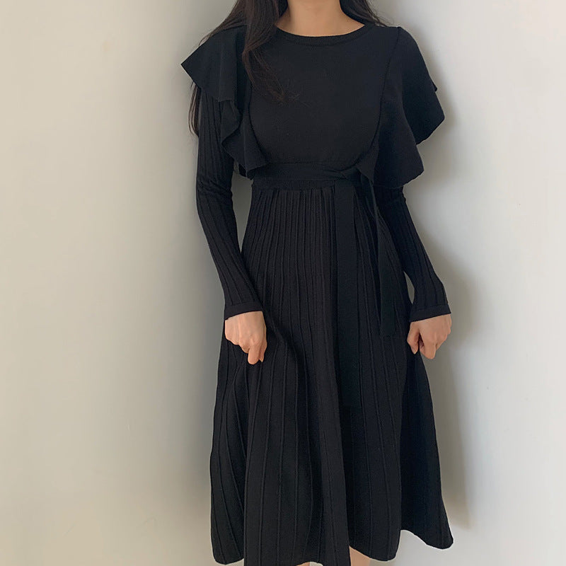 Lace-up Ruffled Flounces Splicing Knit Sweater Midi Dress