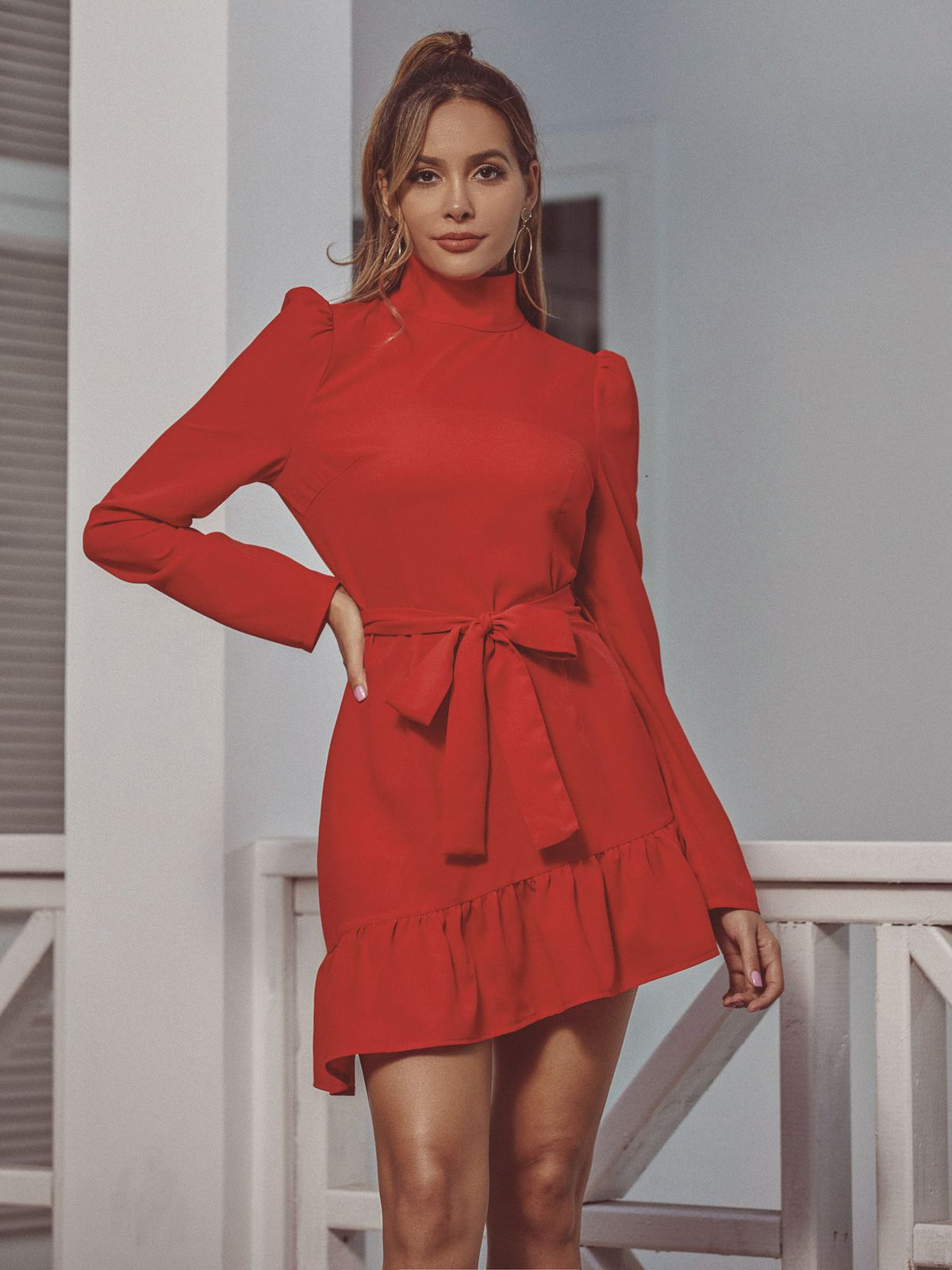 Red High Collar Long Sleeve Ruffle Mini Dresses