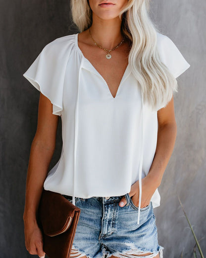 Ruffled Sleeves Lace-up V-neck Blouses T-shirt