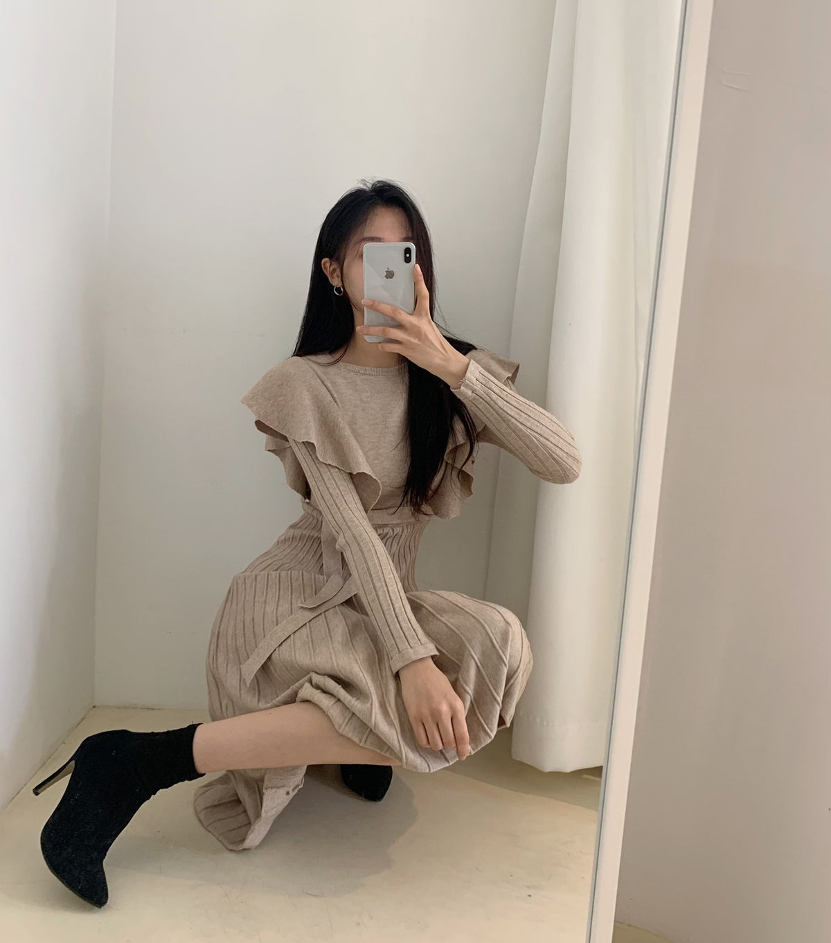 Lace-up Ruffled Flounces Splicing Knit Sweater Midi Dress
