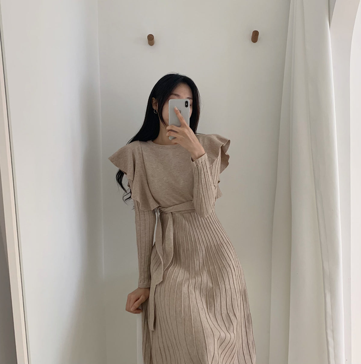Lace-up Ruffled Flounces Splicing Knit Sweater Midi Dress