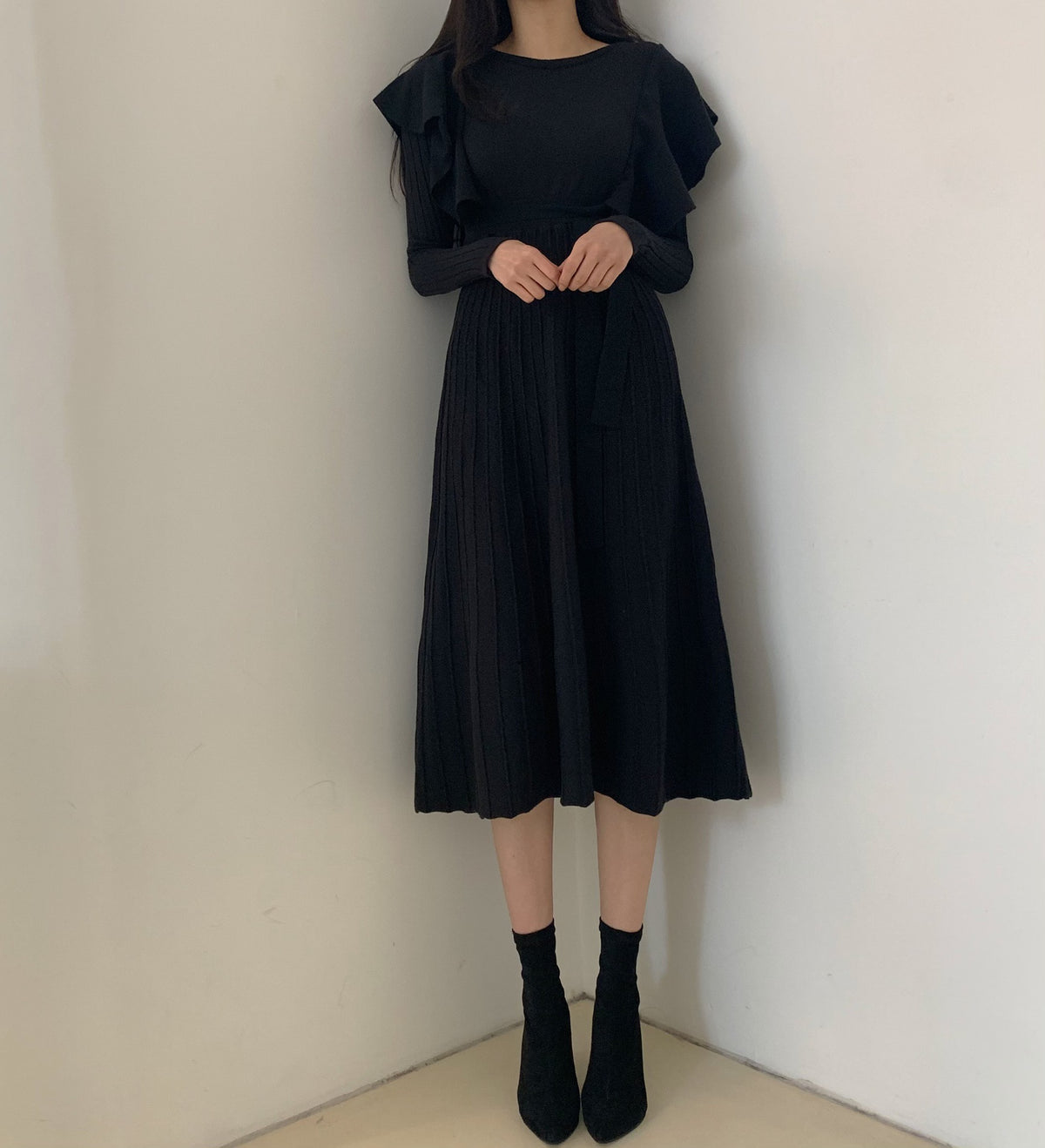 Lace-up Ruffled Flounces Splicing Knit Sweater Midi Dress