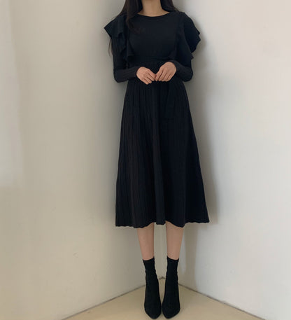 Lace-up Ruffled Flounces Splicing Knit Sweater Midi Dress
