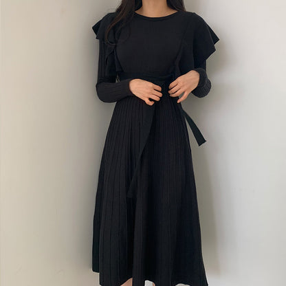 Lace-up Ruffled Flounces Splicing Knit Sweater Midi Dress