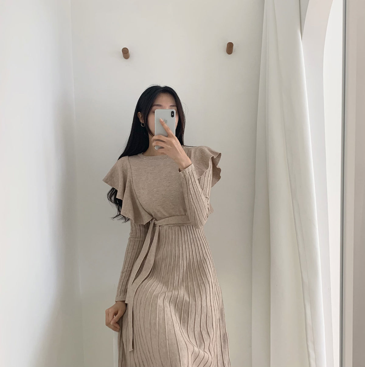 Lace-up Ruffled Flounces Splicing Knit Sweater Midi Dress