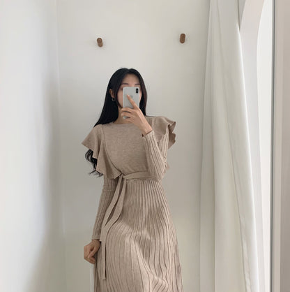 Lace-up Ruffled Flounces Splicing Knit Sweater Midi Dress