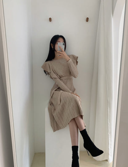 Lace-up Ruffled Flounces Splicing Knit Sweater Midi Dress