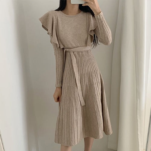 Lace-up Ruffled Flounces Splicing Knit Sweater Midi Dress