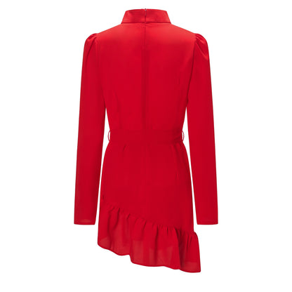 Red High Collar Long Sleeve Ruffle Mini Dresses