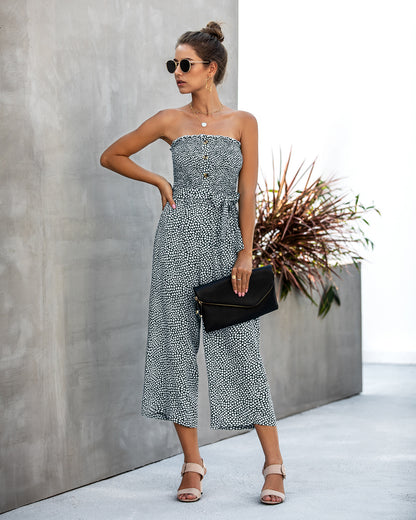 Off Shoulder Wrapped Chest Lace-up Print Jumpsuit With Pocket Backless Single-breasted Rompers