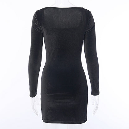 Square Collar Velvet Slit Leg Party Bodycon Mini Dresses Black