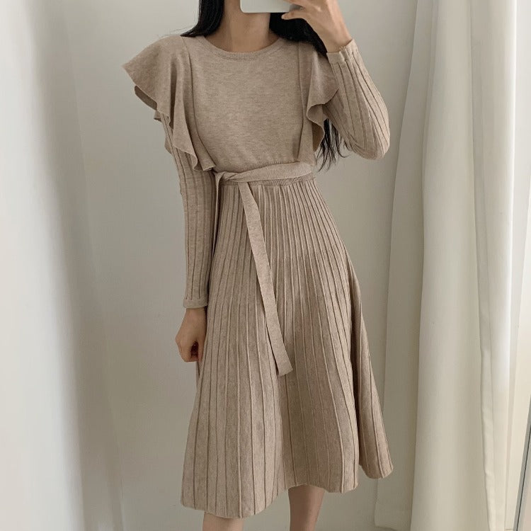 Lace-up Ruffled Flounces Splicing Knit Sweater Midi Dress