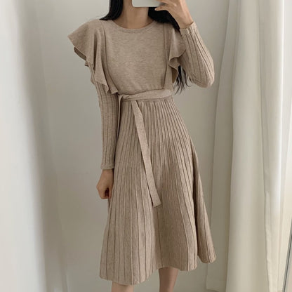 Lace-up Ruffled Flounces Splicing Knit Sweater Midi Dress