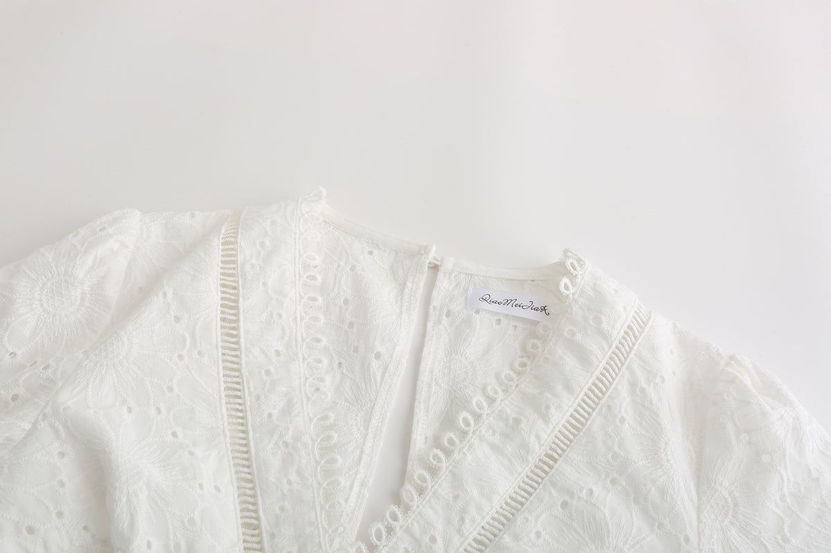 Vintage V-neck Hollow-out Lace Blouses Crop Tops