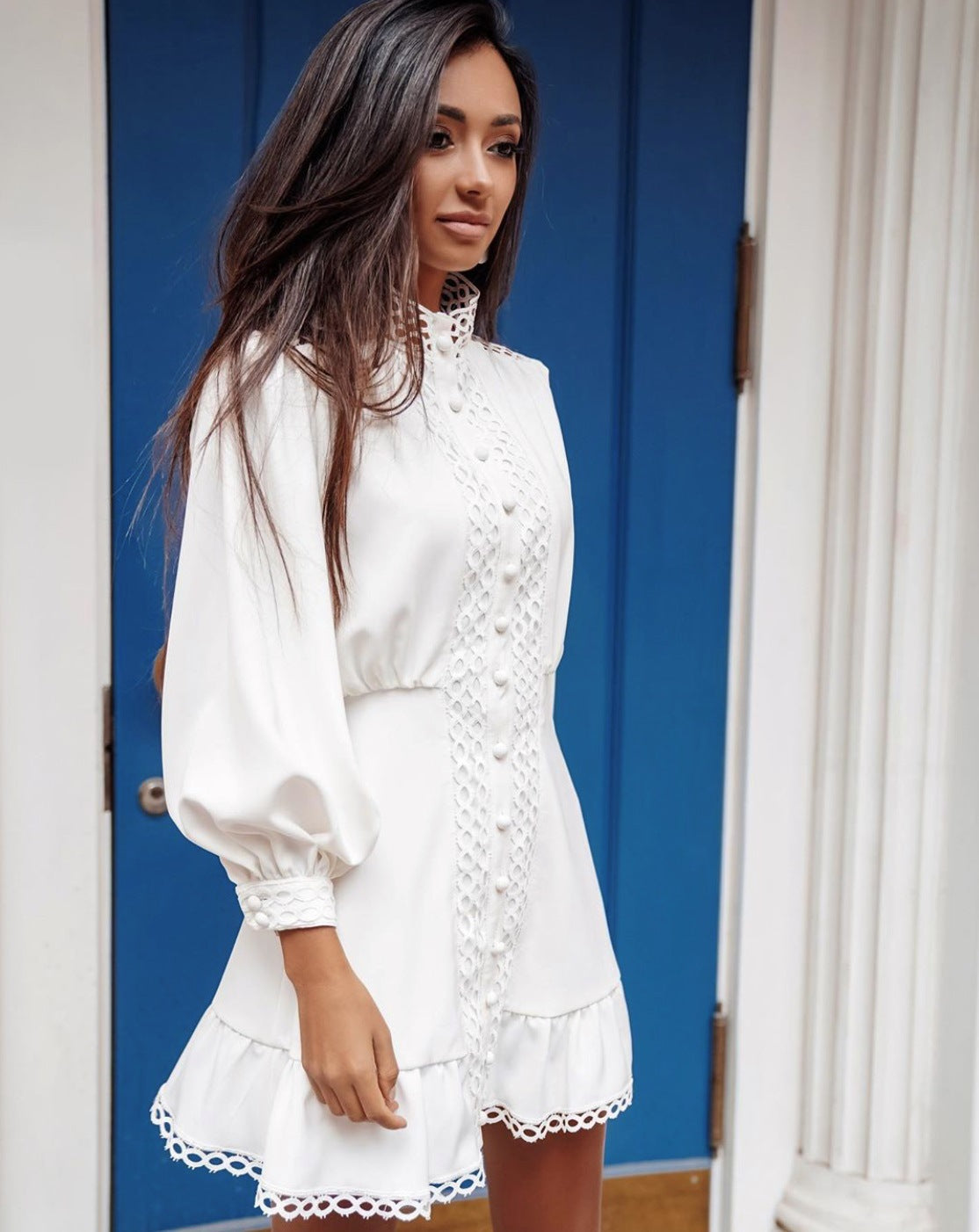 Hollow-out Round Collar Dress Single Breasted Mini Dress