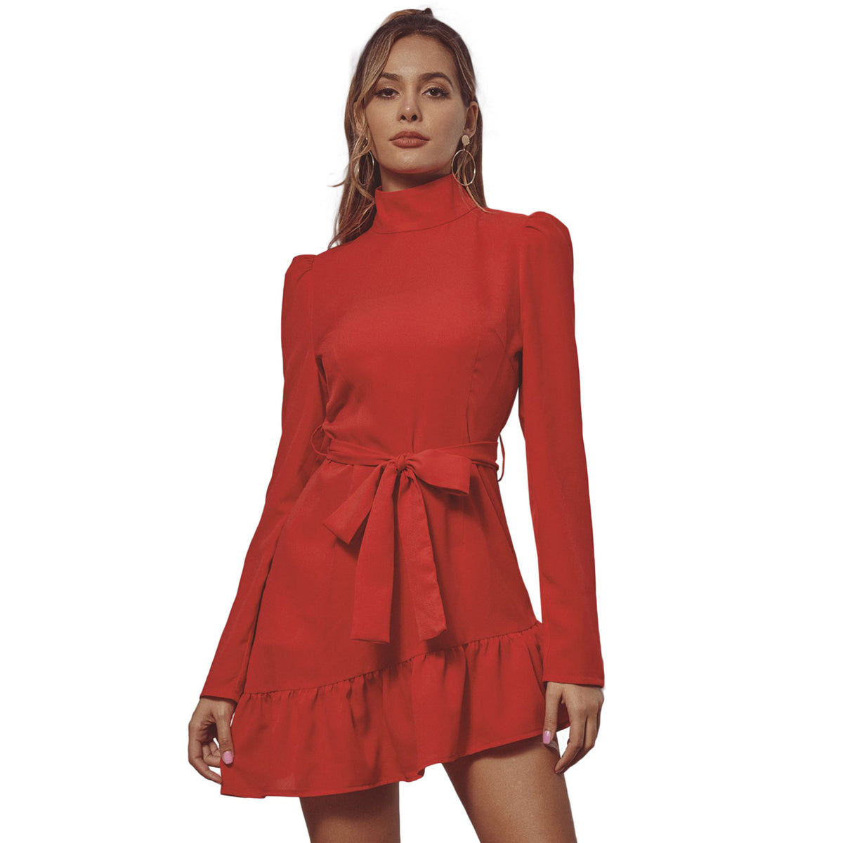 Red High Collar Long Sleeve Ruffle Mini Dresses