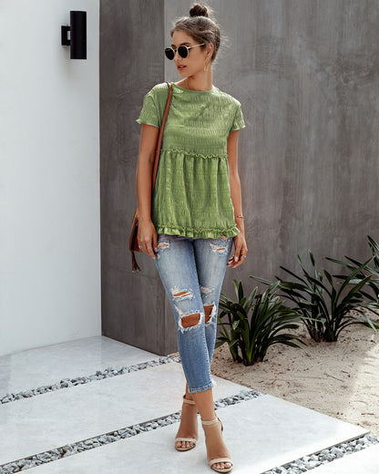 Frilly Short-sleeve Blouse Tops Casual T-shirt