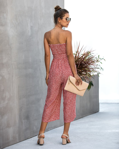 Off Shoulder Wrapped Chest Lace-up Print Jumpsuit With Pocket Backless Single-breasted Rompers