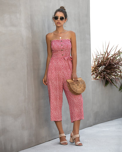 Off Shoulder Wrapped Chest Lace-up Print Jumpsuit With Pocket Backless Single-breasted Rompers