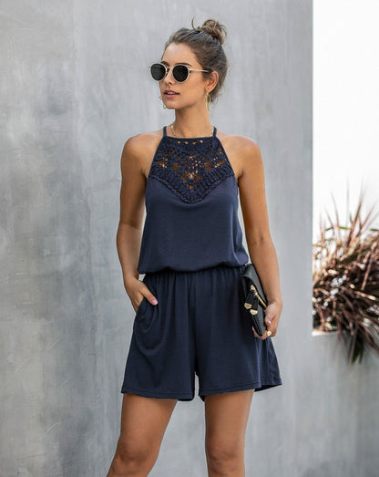 Lace Hollow Out Sleeveless Backless Hanging Neck Jumpsuit Rompers Home Workout Fitness Home Outfit