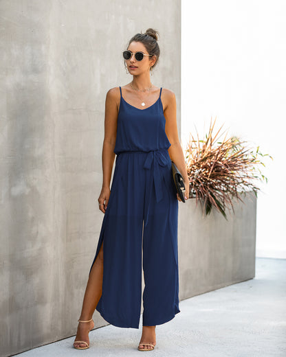V-neck Suspender Irregular Wide Leg Side Jumpsuit