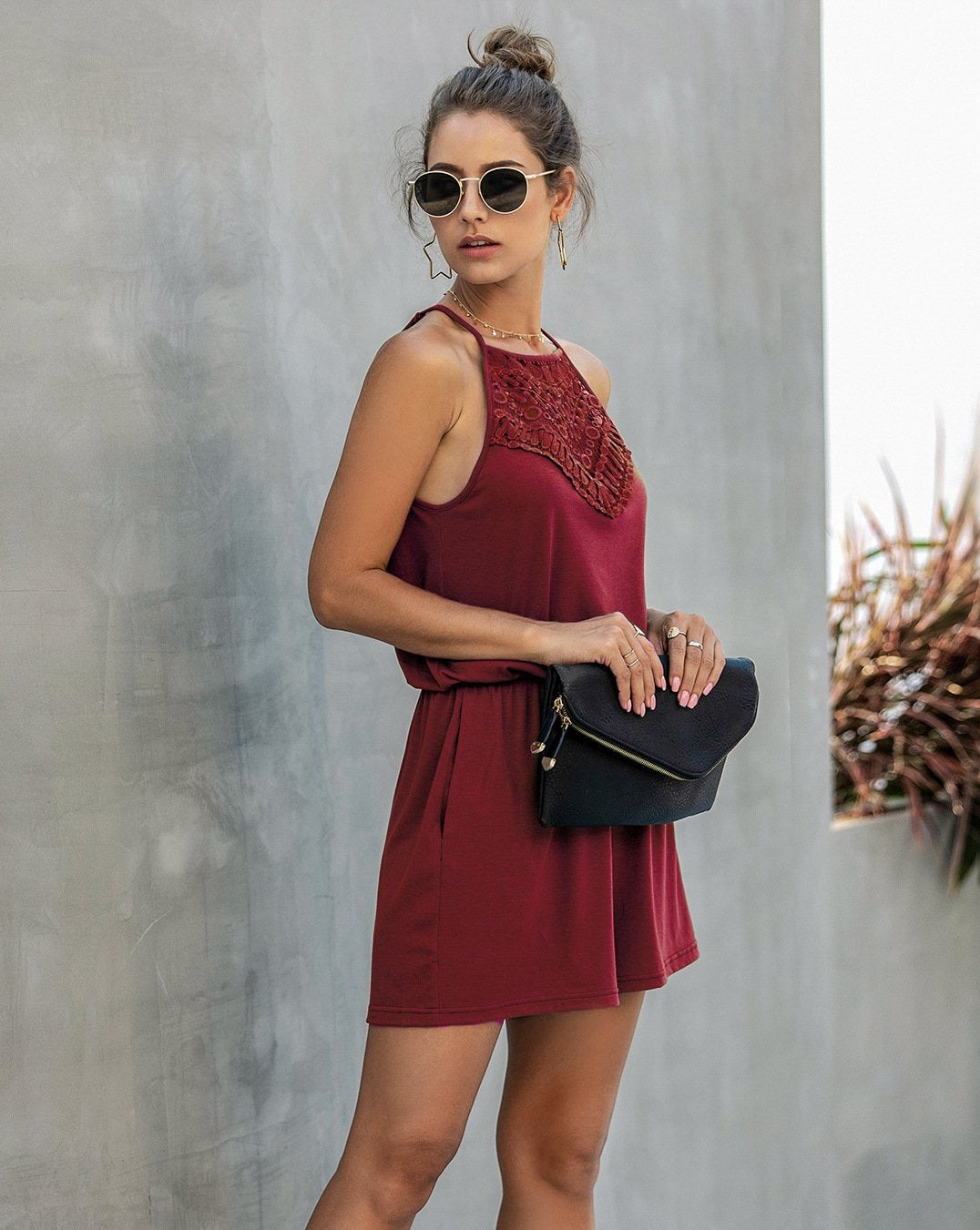 Lace Hollow Out Sleeveless Backless Hanging Neck Jumpsuit Rompers Home Workout Fitness Home Outfit