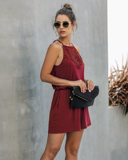 Lace Hollow Out Sleeveless Backless Hanging Neck Jumpsuit Rompers Home Workout Fitness Home Outfit