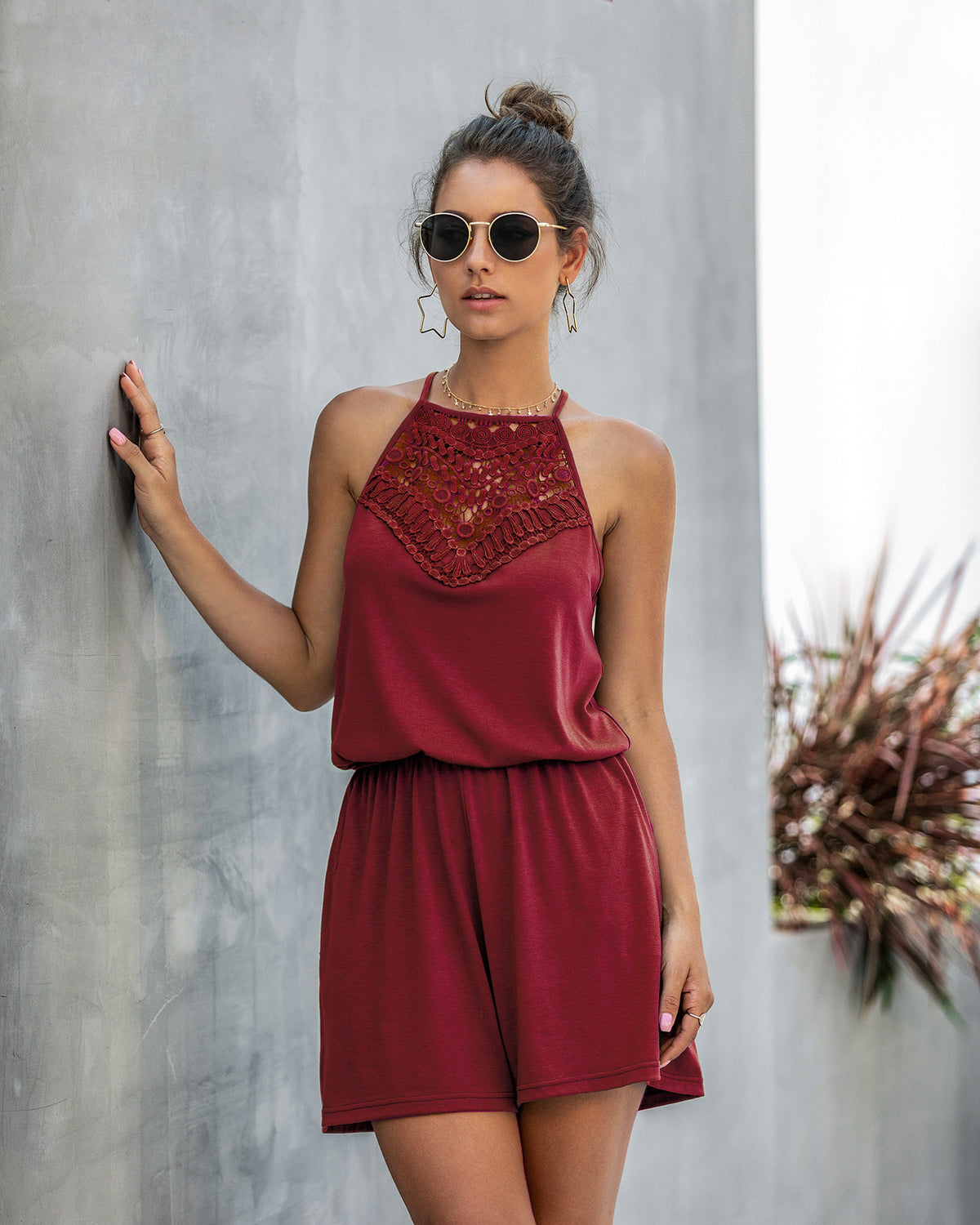 Lace Hollow Out Sleeveless Backless Hanging Neck Jumpsuit Rompers Home Workout Fitness Home Outfit
