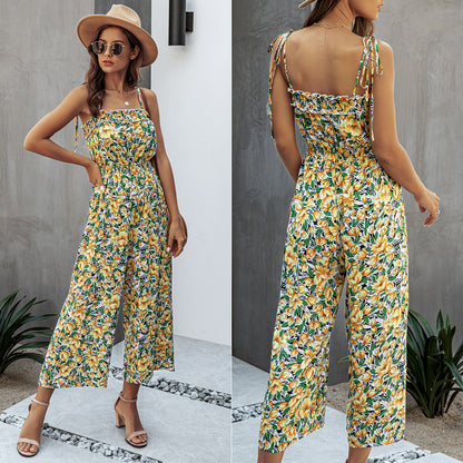 Off Shoulder Backless Suspenders Jumpsuit Elastic Waist Printed Rompers