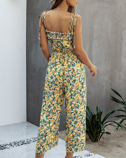 Off Shoulder Backless Suspenders Jumpsuit Elastic Waist Printed Rompers