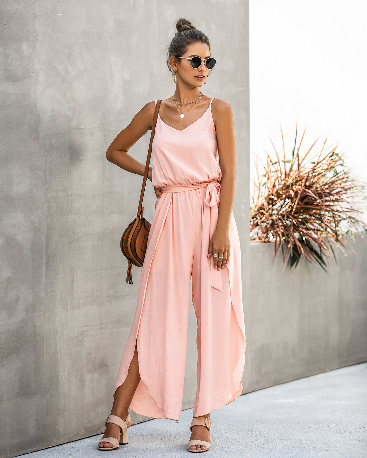 V-neck Suspender Irregular Wide Leg Side Jumpsuit