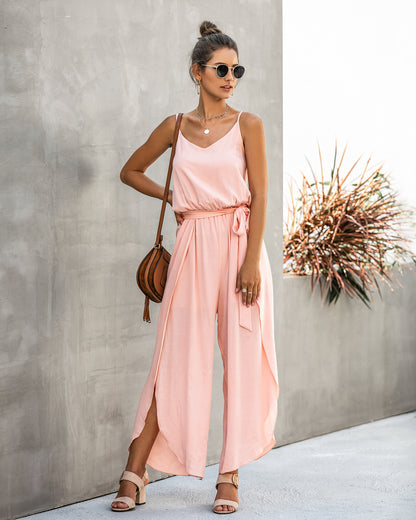 V-neck Suspender Irregular Wide Leg Side Jumpsuit