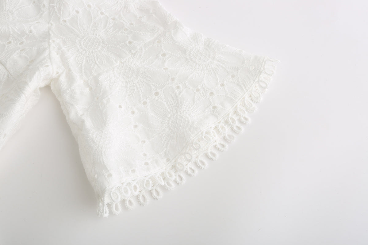 Vintage V-neck Hollow-out Lace Blouses Crop Tops