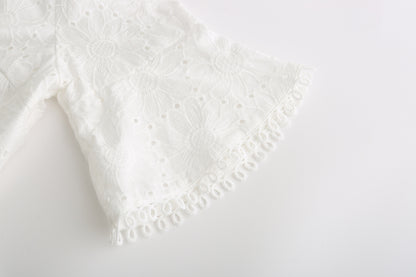 Vintage V-neck Hollow-out Lace Blouses Crop Tops