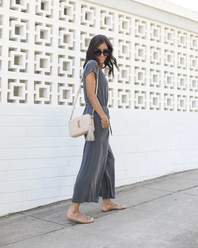 V-neck Elastic Waist Lace-up Jumpsuit Cropped Trousers