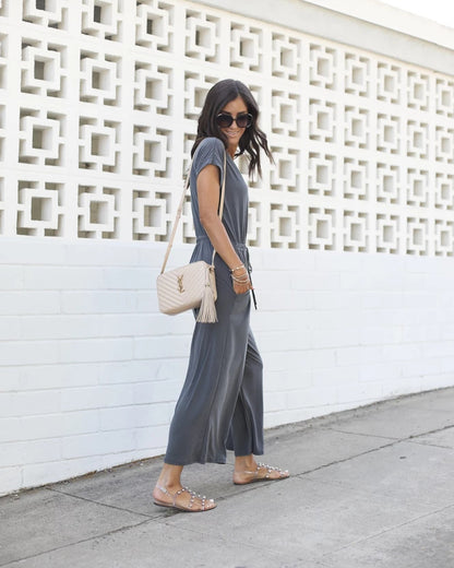 V-neck Elastic Waist Lace-up Jumpsuit Cropped Trousers