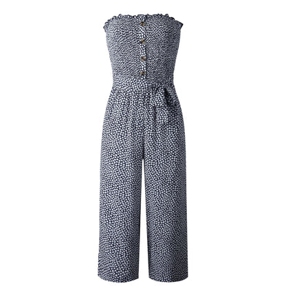 Off Shoulder Wrapped Chest Lace-up Print Jumpsuit With Pocket Backless Single-breasted Rompers